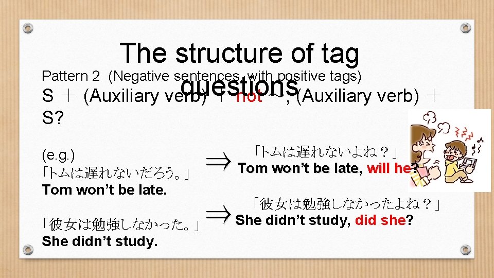 The structure of tag Pattern 2 (Negative sentences, with positive tags) questions S ＋