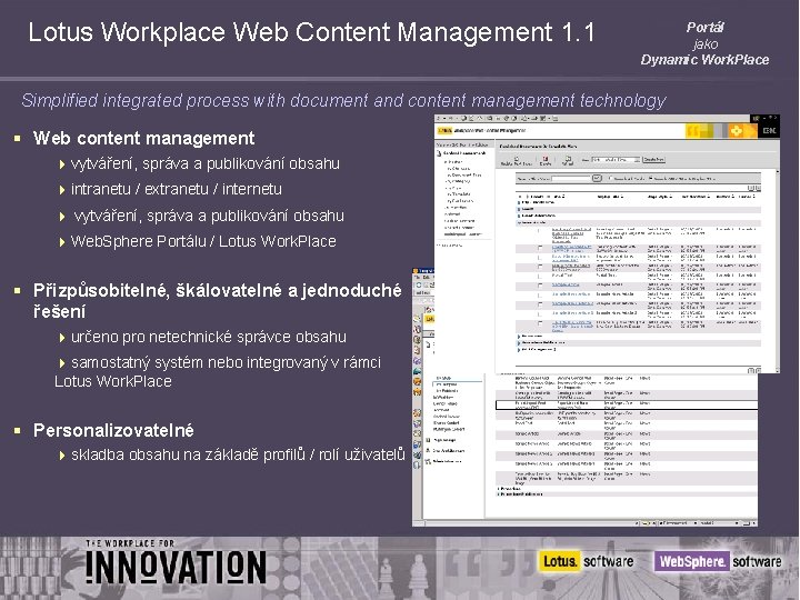 Lotus Workplace Web Content Management 1. 1 Portál jako Dynamic Work. Place Simplified integrated
