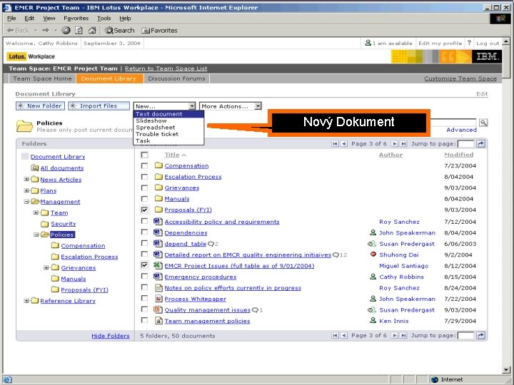 Portál jako Dynamic Work. Place Nový Dokument Folder view showing “New…” menu, for discussion