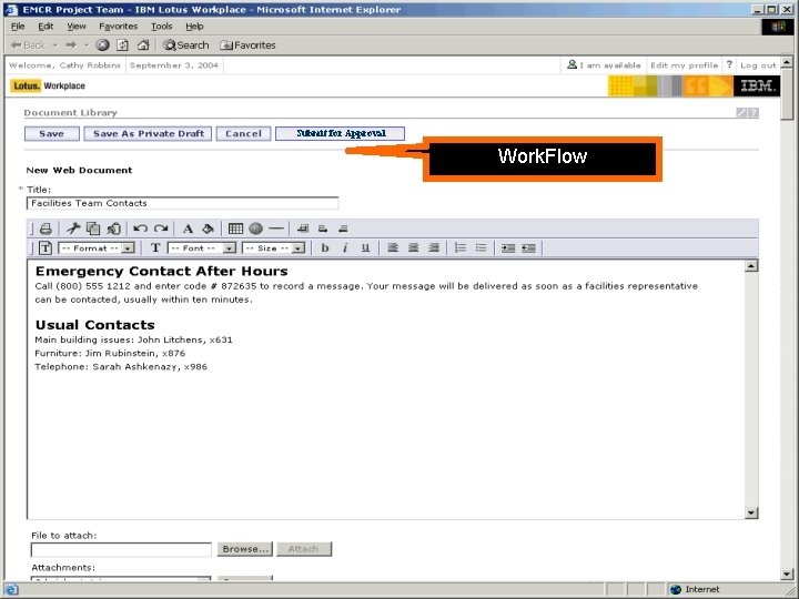 Portál jako Dynamic Work. Place Submit for Approval Work. Flow New Web Document form