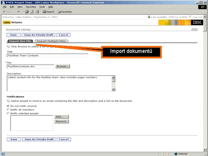 Portál jako Dynamic Work. Place Import dokumentů 