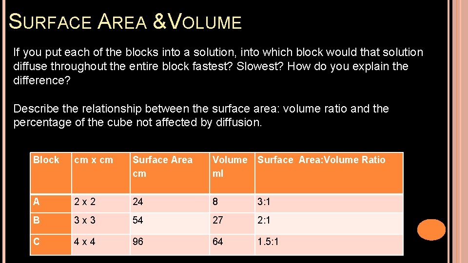 SURFACE AREA & VOLUME If you put each of the blocks into a solution,