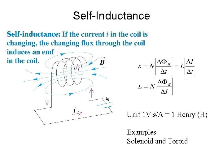 Self-Inductance Unit 1 V. s/A = 1 Henry (H) Examples: Solenoid and Toroid 