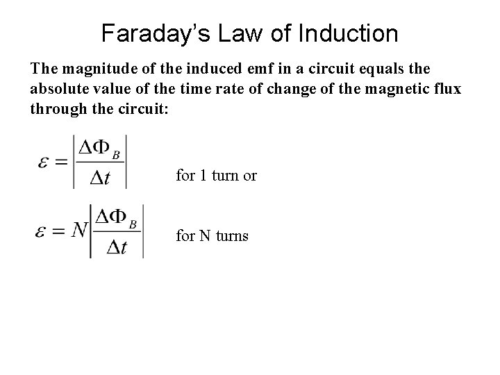 Faraday’s Law of Induction The magnitude of the induced emf in a circuit equals