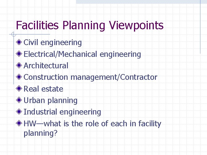 Facilities Planning Viewpoints Civil engineering Electrical/Mechanical engineering Architectural Construction management/Contractor Real estate Urban planning