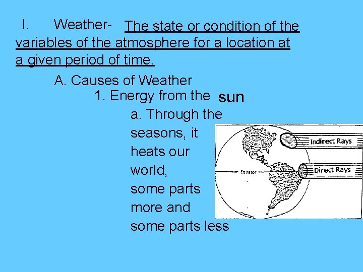 I. Weather- The state or condition of the variables of the atmosphere for a