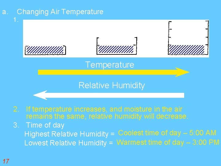 a. Changing Air Temperature 1. Temperature Relative Humidity 2. If temperature increases, and moisture