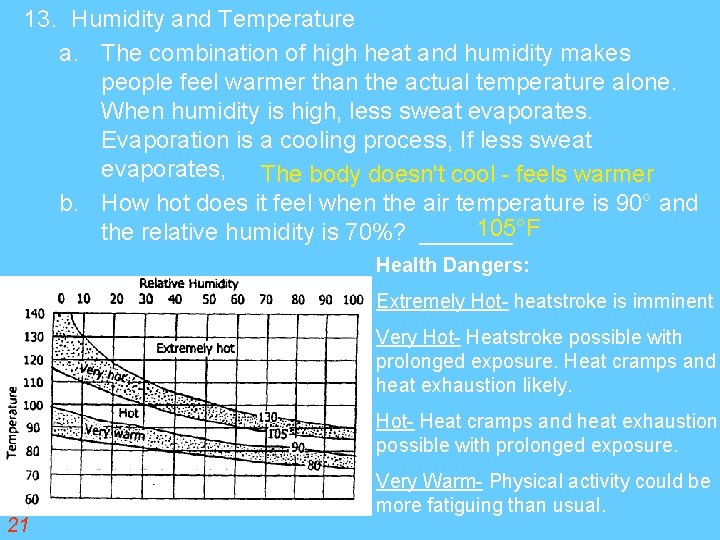 13. Humidity and Temperature a. The combination of high heat and humidity makes people