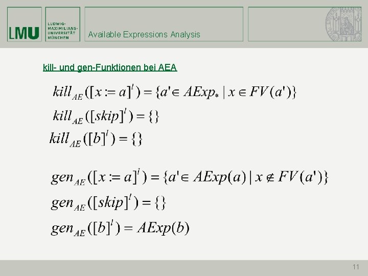 Available Expressions Analysis kill- und gen-Funktionen bei AEA 11 