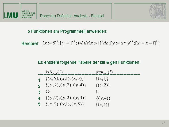 Reaching Definition Analysis - Beispiel o Funktionen am Programmteil anwenden: Beispiel: Es entsteht folgende