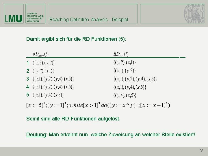 Reaching Definition Analysis - Beispiel Damit ergibt sich für die RD Funktionen (5): ____________________________