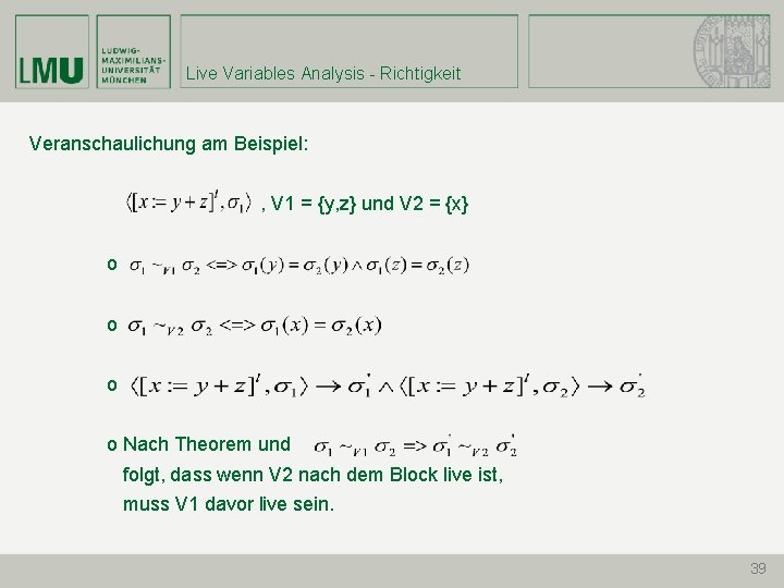 Live Variables Analysis - Richtigkeit Veranschaulichung am Beispiel: , V 1 = {y, z}