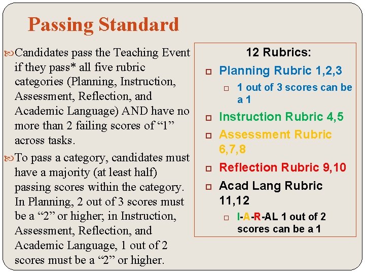Passing Standard Candidates pass the Teaching Event if they pass* all five rubric categories
