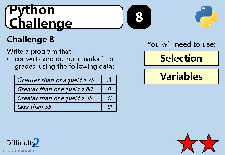 Python Challenge 8 Write a program that: • converts and outputs marks into grades,