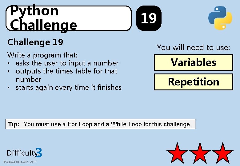 Python Challenge 19 Write a program that: • asks the user to input a