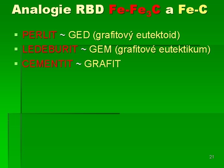 Analogie RBD Fe-Fe 3 C a Fe-C § § § PERLIT ~ GED (grafitový