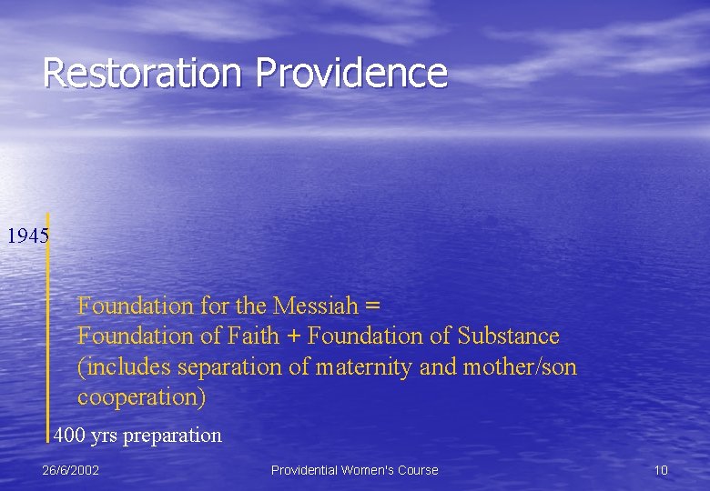 Restoration Providence 1945 Foundation for the Messiah = Foundation of Faith + Foundation of