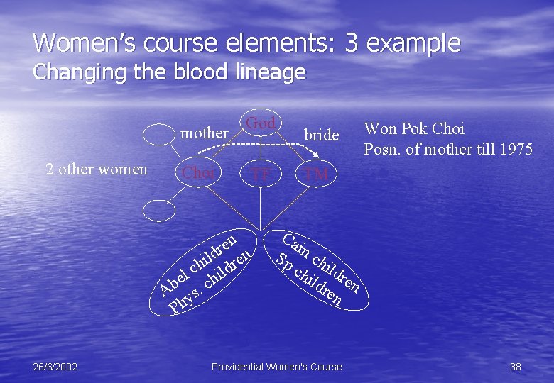 Women’s course elements: 3 example Changing the blood lineage mother 2 other women Choi