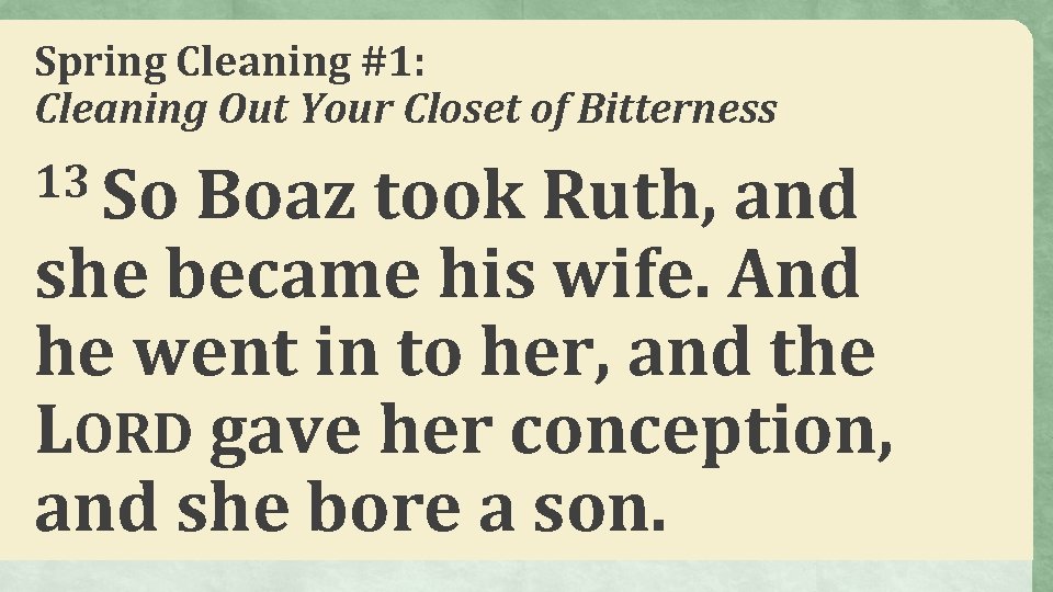 Spring Cleaning #1: Cleaning Out Your Closet of Bitterness 13 So Boaz took Ruth,