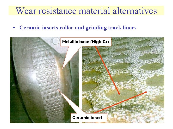 Wear resistance material alternatives • Ceramic inserts roller and grinding track liners Metallic base
