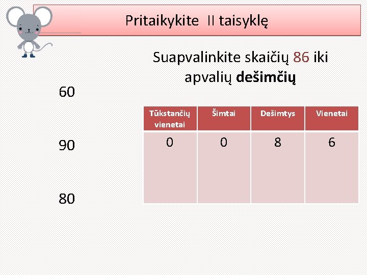 Pritaikykite II taisyklę 60 90 80 Suapvalinkite skaičių 86 iki apvalių dešimčių Tūkstančių vienetai