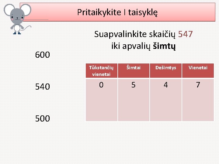 Pritaikykite I taisyklę 600 540 500 Suapvalinkite skaičių 547 iki apvalių šimtų Tūkstančių vienetai