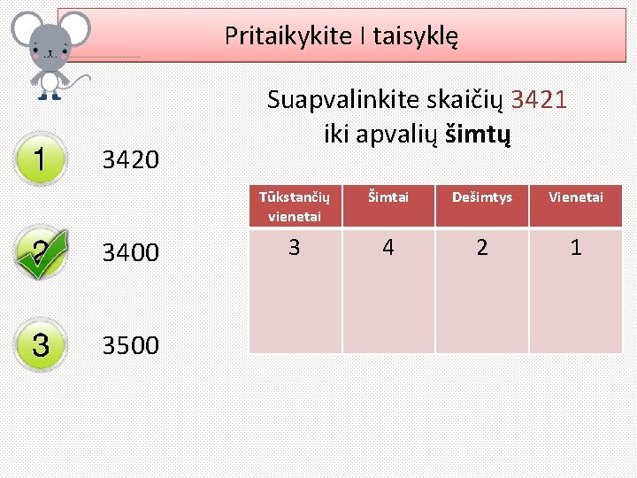 Pritaikykite I taisyklę 3420 3400 3500 Suapvalinkite skaičių 3421 iki apvalių šimtų Tūkstančių vienetai