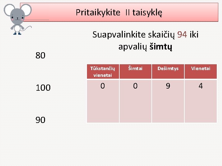 Pritaikykite II taisyklę 80 100 90 Suapvalinkite skaičių 94 iki apvalių šimtų Tūkstančių vienetai