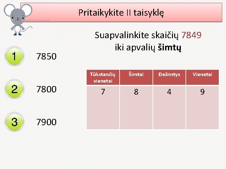 Pritaikykite II taisyklę 7850 7800 7900 Suapvalinkite skaičių 7849 iki apvalių šimtų Tūkstančių vienetai