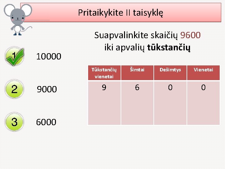 Pritaikykite II taisyklę 10000 9000 6000 Suapvalinkite skaičių 9600 iki apvalių tūkstančių Tūkstančių vienetai