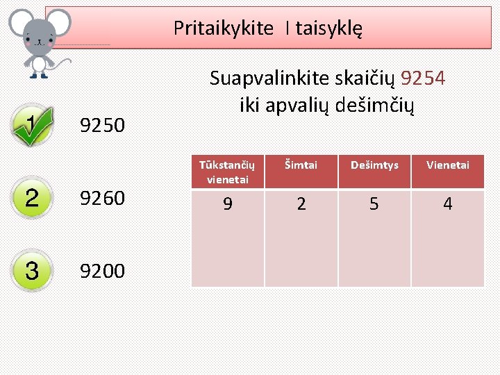 Pritaikykite I taisyklę 9250 9260 9200 Suapvalinkite skaičių 9254 iki apvalių dešimčių Tūkstančių vienetai