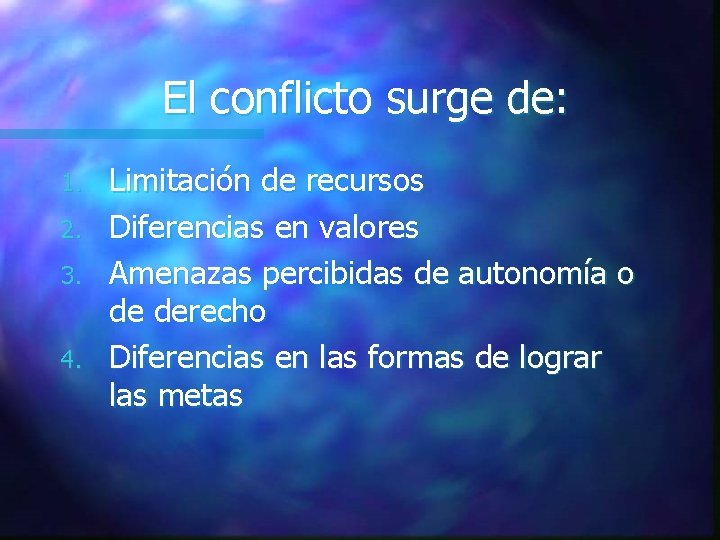 El conflicto surge de: 1. 2. 3. 4. Limitación de recursos Diferencias en valores El conflicto surge de: 1. 2. 3. 4. Limitación de recursos Diferencias en valores