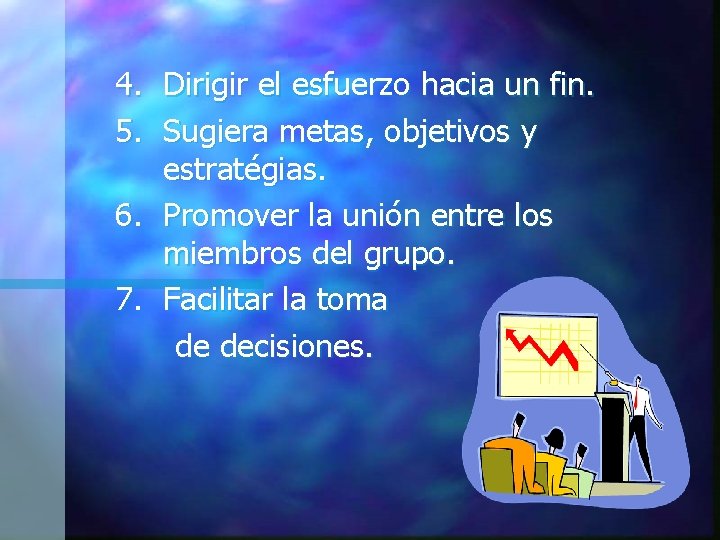 4. Dirigir el esfuerzo hacia un fin. 5. Sugiera metas, objetivos y estratégias. 6. 4. Dirigir el esfuerzo hacia un fin. 5. Sugiera metas, objetivos y estratégias. 6.