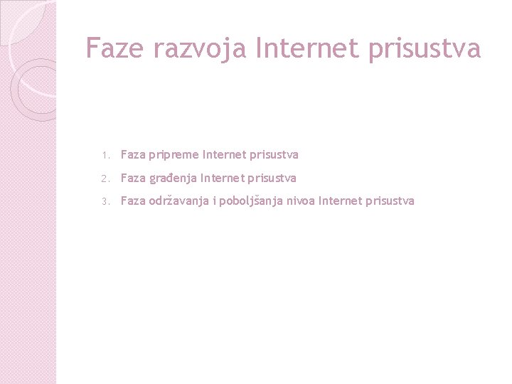 Faze razvoja Internet prisustva 1. Faza pripreme Internet prisustva 2. Faza građenja Internet prisustva