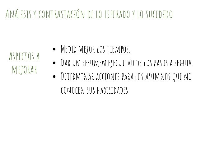 Análisis y contrastación de lo esperado y lo sucedido Aspectos a mejorar • Medir