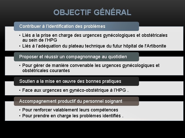 OBJECTIF GÉNÉRAL Contribuer à l’identification des problèmes • Liés a la prise en charge