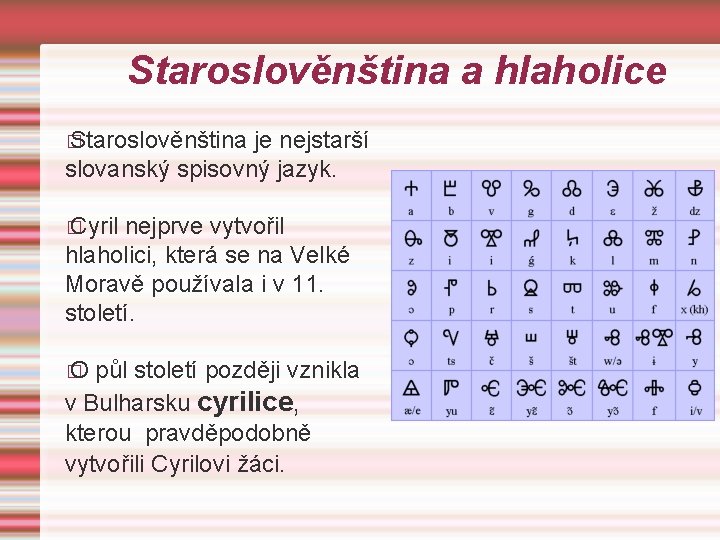 Staroslověnština a hlaholice � Staroslověnština je nejstarší slovanský spisovný jazyk. � Cyril nejprve vytvořil