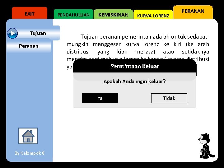 EXIT Tujuan Peranan PENDAHULUAN KEMISKINAN KURVA LORENZ Tujuan peranan pemerintah adalah untuk sedapat mungkin
