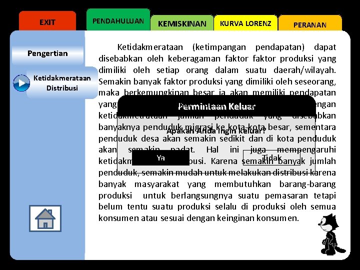 EXIT PENDAHULUAN KEMISKINAN KURVA LORENZ PERANAN Ketidakmerataan (ketimpangan pendapatan) dapat disebabkan oleh keberagaman faktor