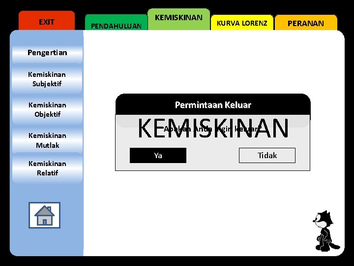EXIT PENDAHULUAN KEMISKINAN KURVA LORENZ PERANAN Pengertian Kemiskinan Subjektif Kemiskinan Objektif Kemiskinan Mutlak Kemiskinan