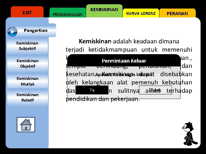 EXIT PENDAHULUAN KEMISKINAN KURVA LORENZ PERANAN Pengertian Kemiskinan Subjektif Kemiskinan Objektif Kemiskinan Mutlak Kemiskinan