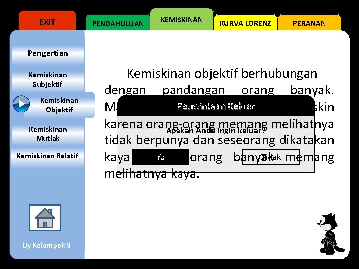 EXIT PENDAHULUAN KEMISKINAN KURVA LORENZ PERANAN Pengertian Kemiskinan Subjektif Kemiskinan Objektif Kemiskinan Mutlak Kemiskinan