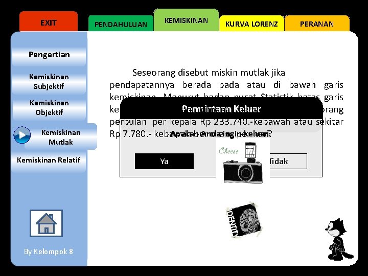 EXIT PENDAHULUAN KEMISKINAN KURVA LORENZ PERANAN Persyaratan Pengertian Kemiskinan Subjektif Kemiskinan Objektif Kemiskinan Mutlak