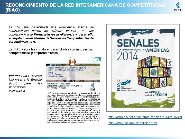 RECONOCIMIENTO DE LA RED INTERAMERICANA DE COMPETITIVIDAD (RIAC) El FISE fue considerada una experiencia