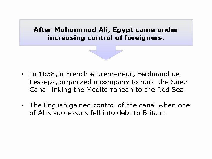 After Muhammad Ali, Egypt came under increasing control of foreigners. • In 1858, a