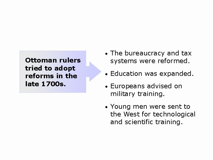 Ottoman rulers tried to adopt reforms in the late 1700 s. • The bureaucracy