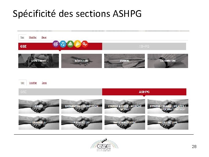 Spécificité des sections ASHPG 28 Spécificité des sections ASHPG 28