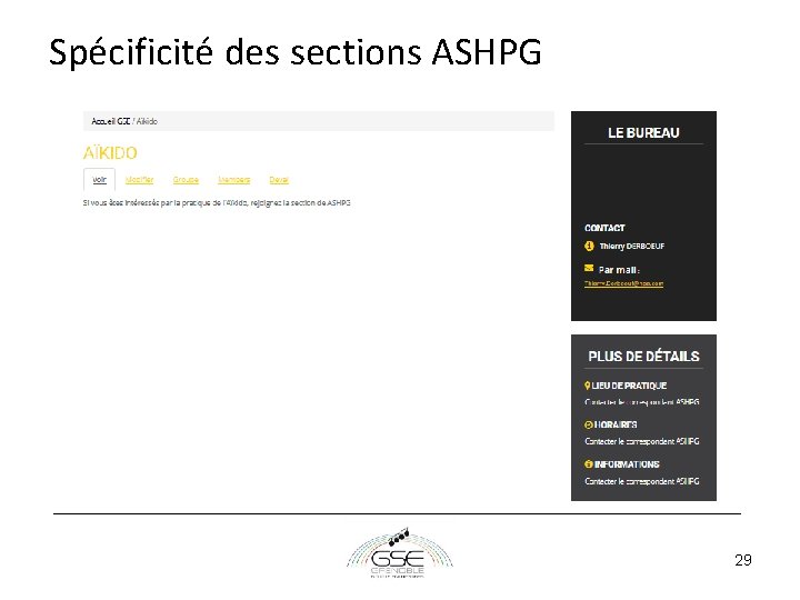 Spécificité des sections ASHPG 29 Spécificité des sections ASHPG 29