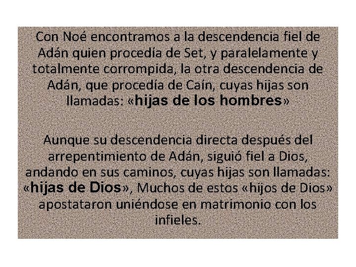 Con Noé encontramos a la descendencia fiel de Adán quien procedía de Set, y