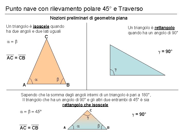 Punto nave con rilevamento polare 45° e Traverso Nozioni preliminari di geometria piana Un